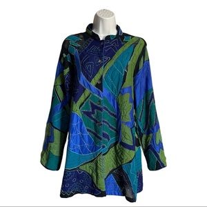 Chico's Silk Blend Tunic Top Blouse Sz 1 Medium Blue Green Abstract Long Sleeves